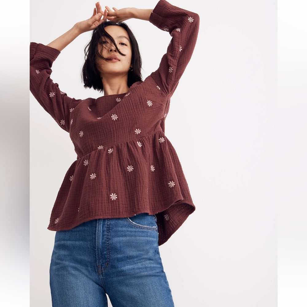 Madewell Embroidered Lightspun Peplum Open-Back Top